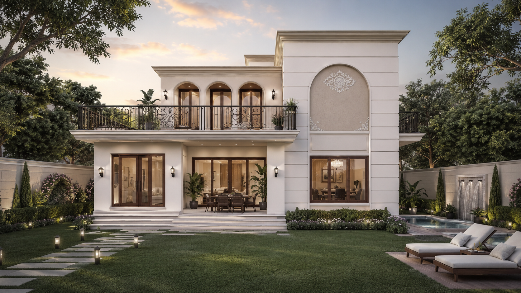 Photorealistic 3D exterior rendering of a luxury modern classical villa featuring a landscaped backyard, balcony, patio, and water feature.