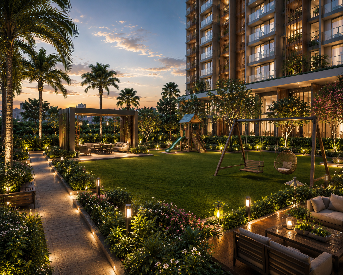 Modern apartment landscape with illuminated garden, seating area, and children's play zone at dusk.
