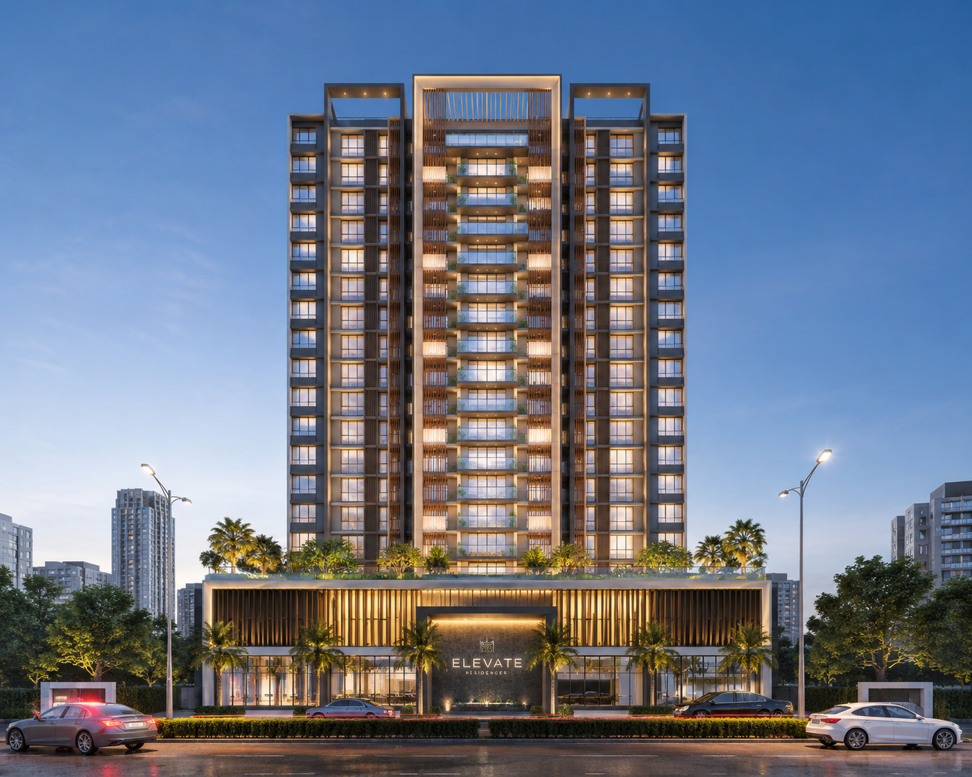 A contemporary residential tower featuring elegant architecture, premium finishes, and a grand entrance.