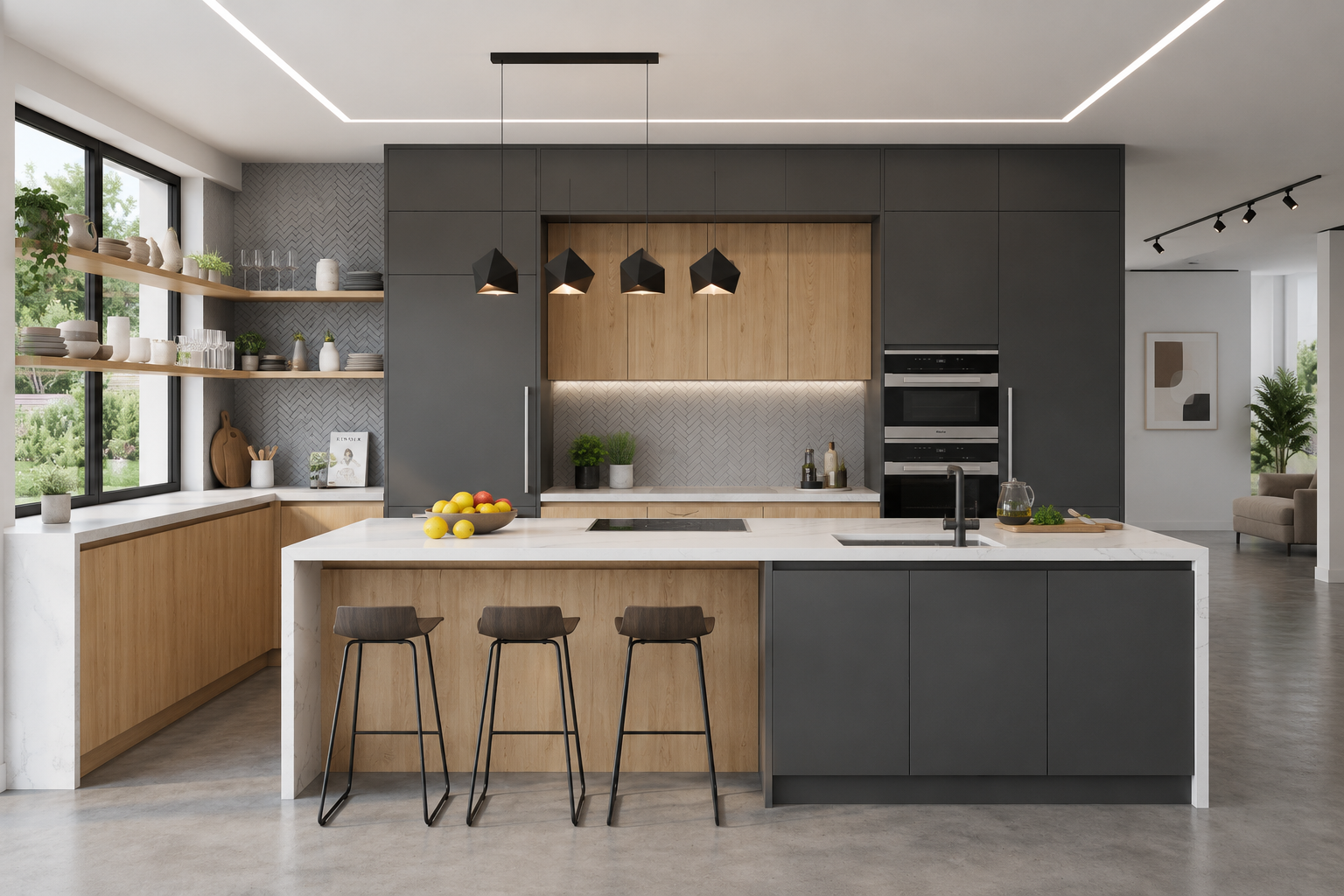 Modern luxury kitchen with black cabinets and wooden accents