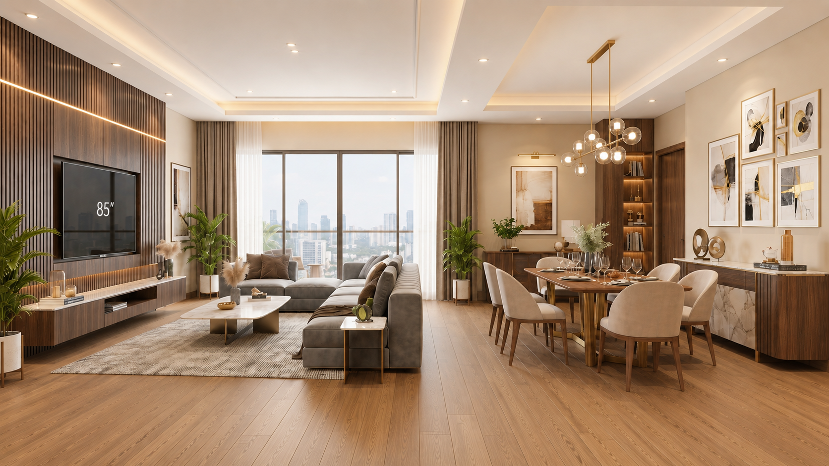 Modern 3BHK living and dining room 3D interior rendering in Mumbai.