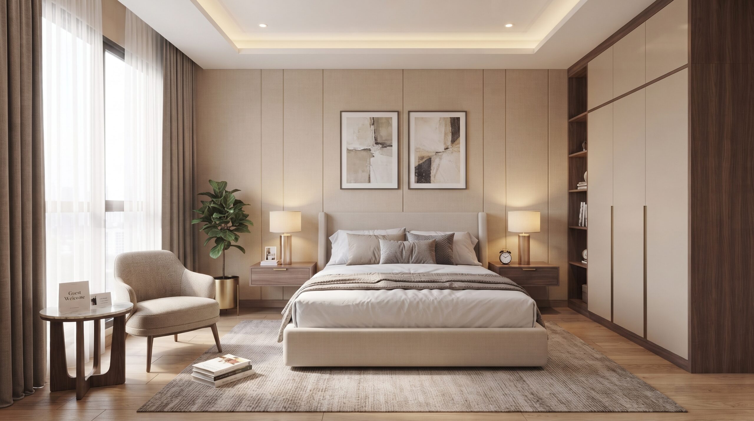 Minimalist guest bedroom with soft neutral interiors.