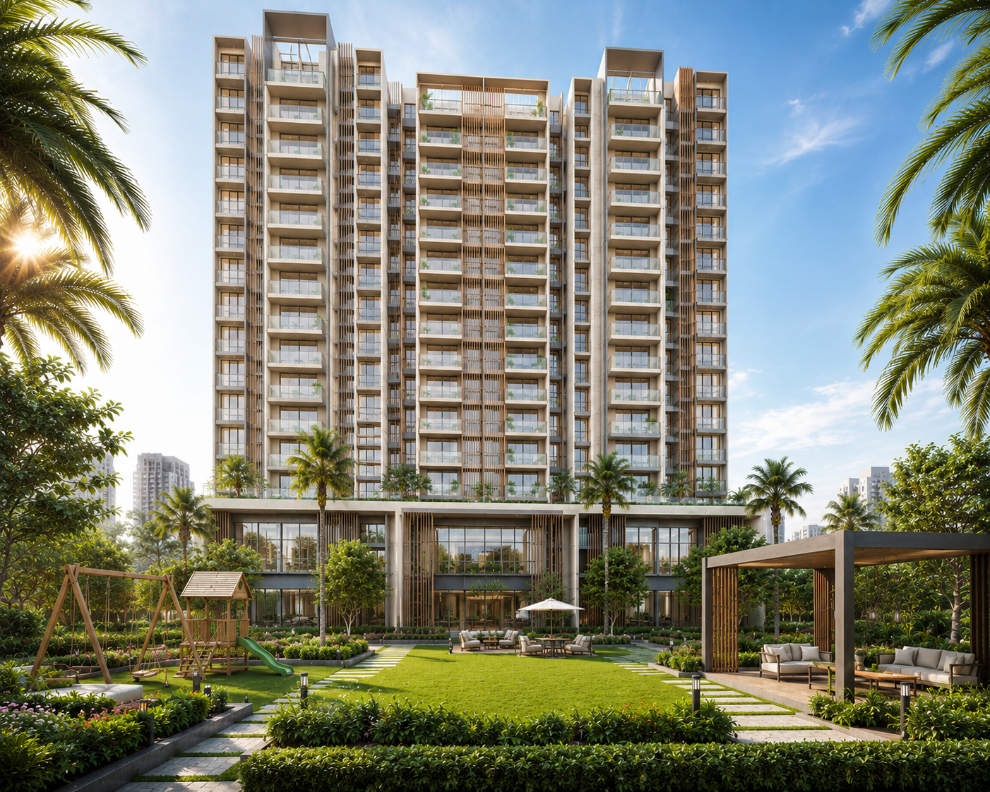 Luxury apartment tower with landscaped garden and outdoor amenities.