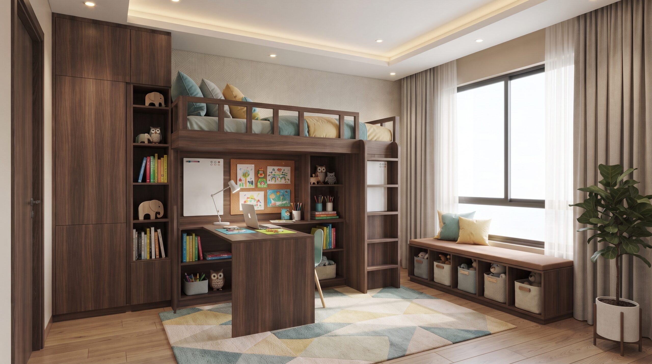 Kids bedroom with loft bed, study desk, and storage.