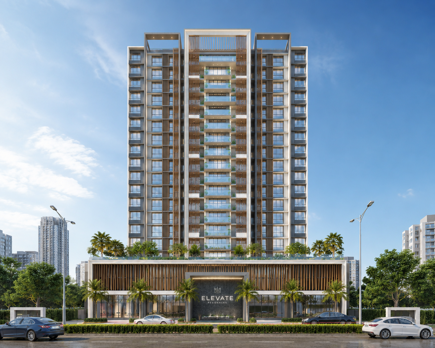 Modern high-rise residential tower with luxury façade and landscaped entrance.