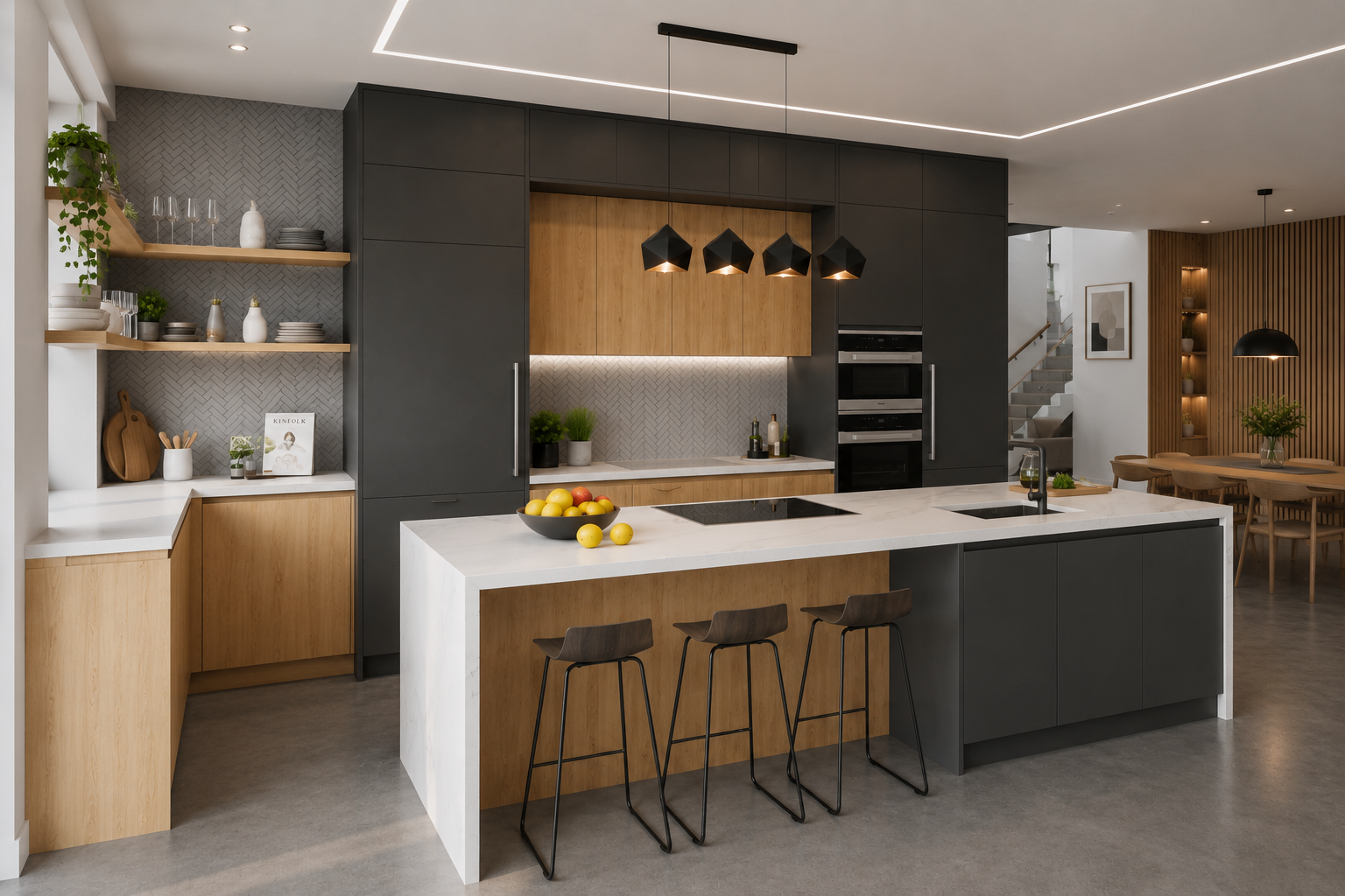 Minimalist kitchen interior with island and open shelving