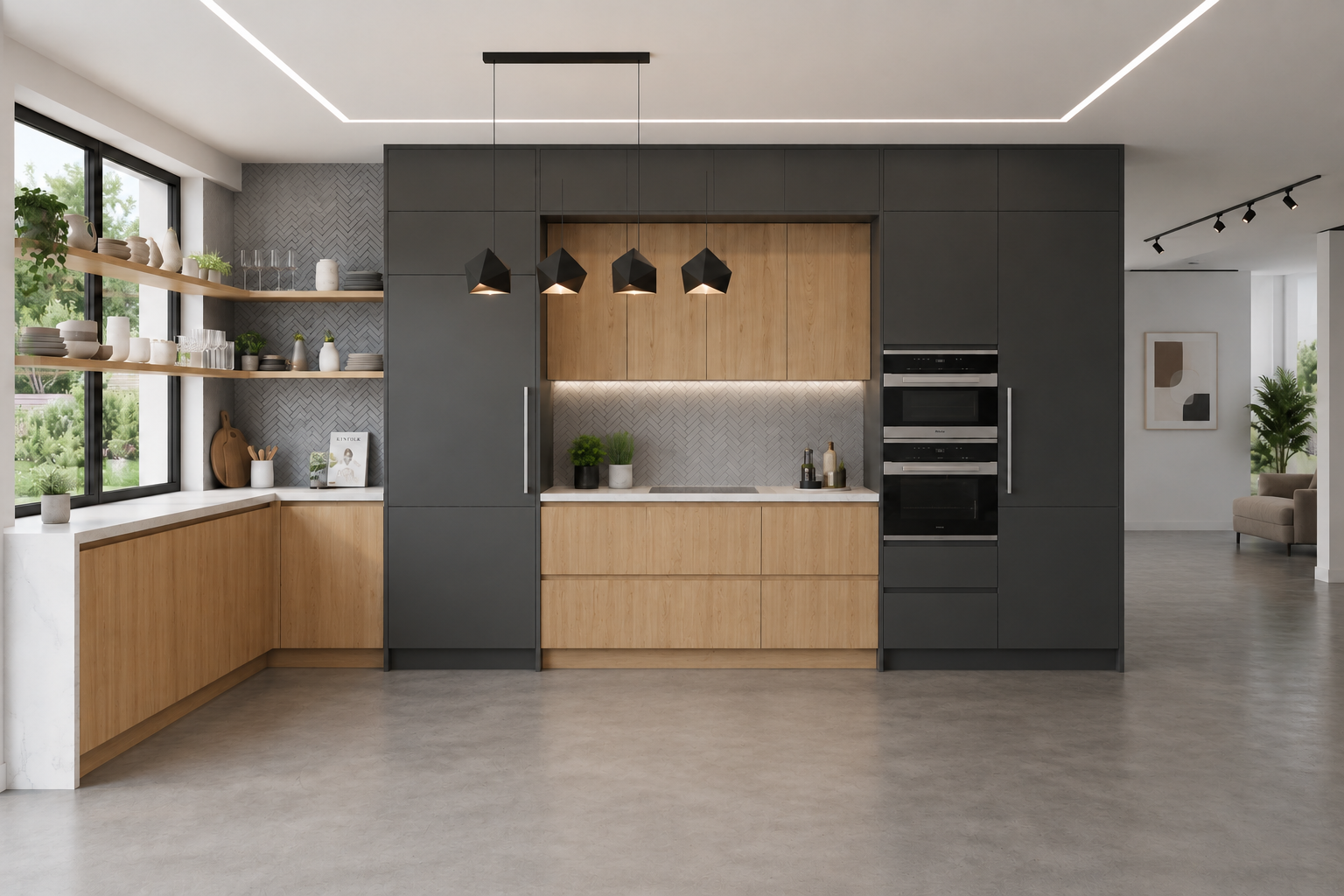 Modern minimalist kitchen with charcoal cabinets, wood accents, and integrated appliances.