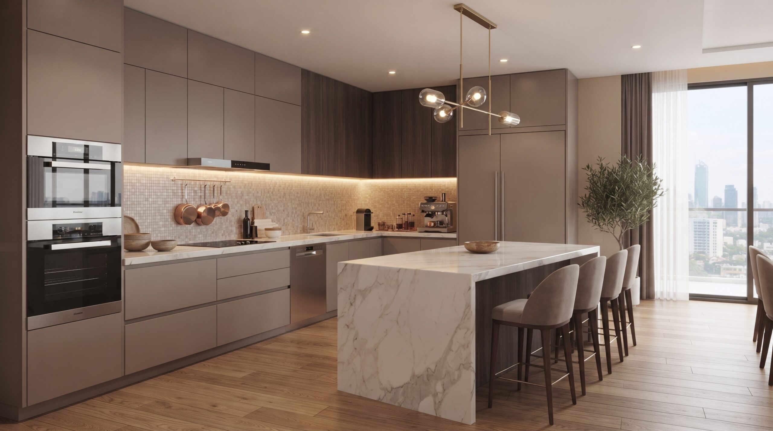 Modern modular kitchen with marble island and premium finishes.