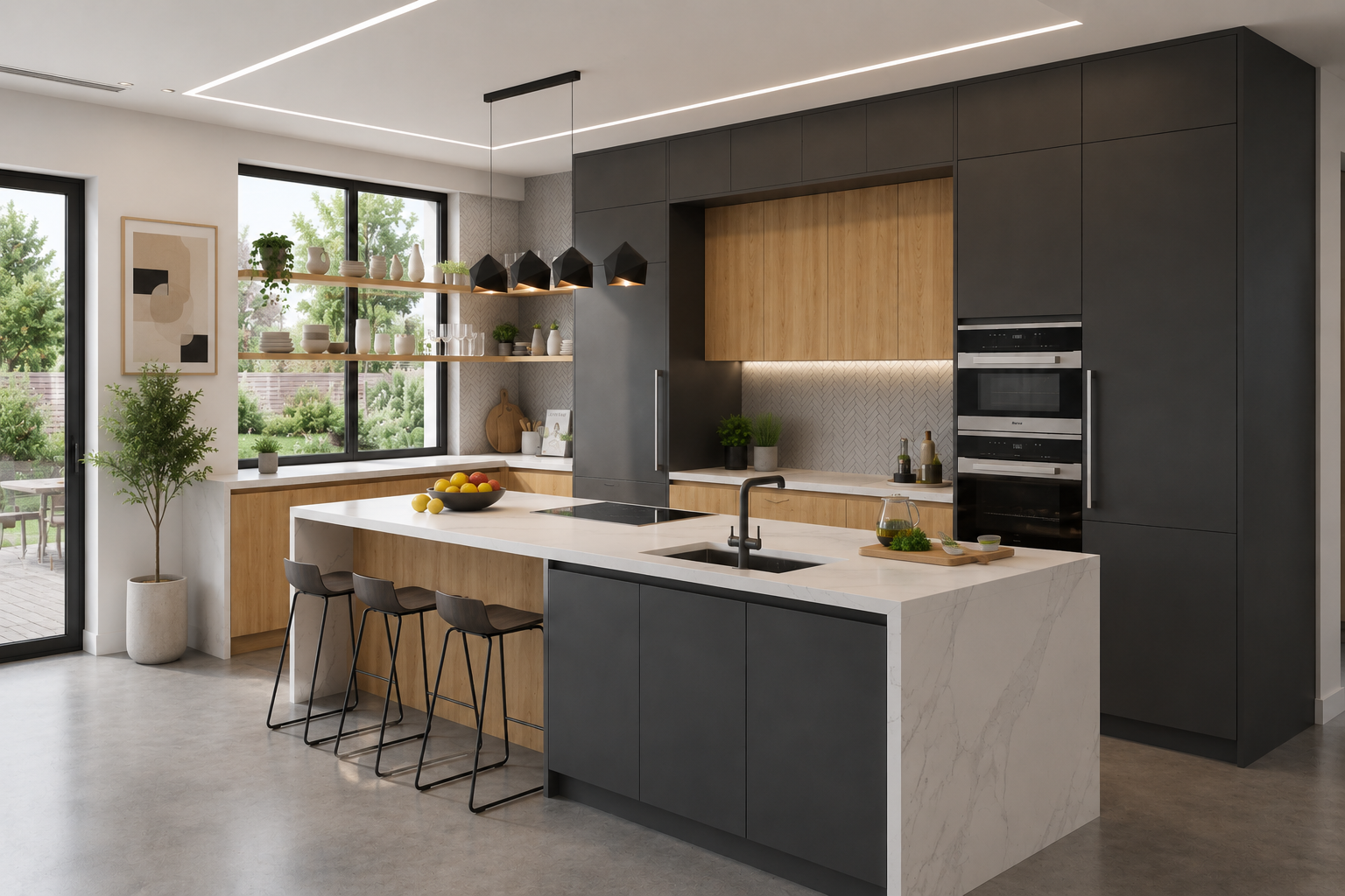 3D visualization of a contemporary residential kitchen