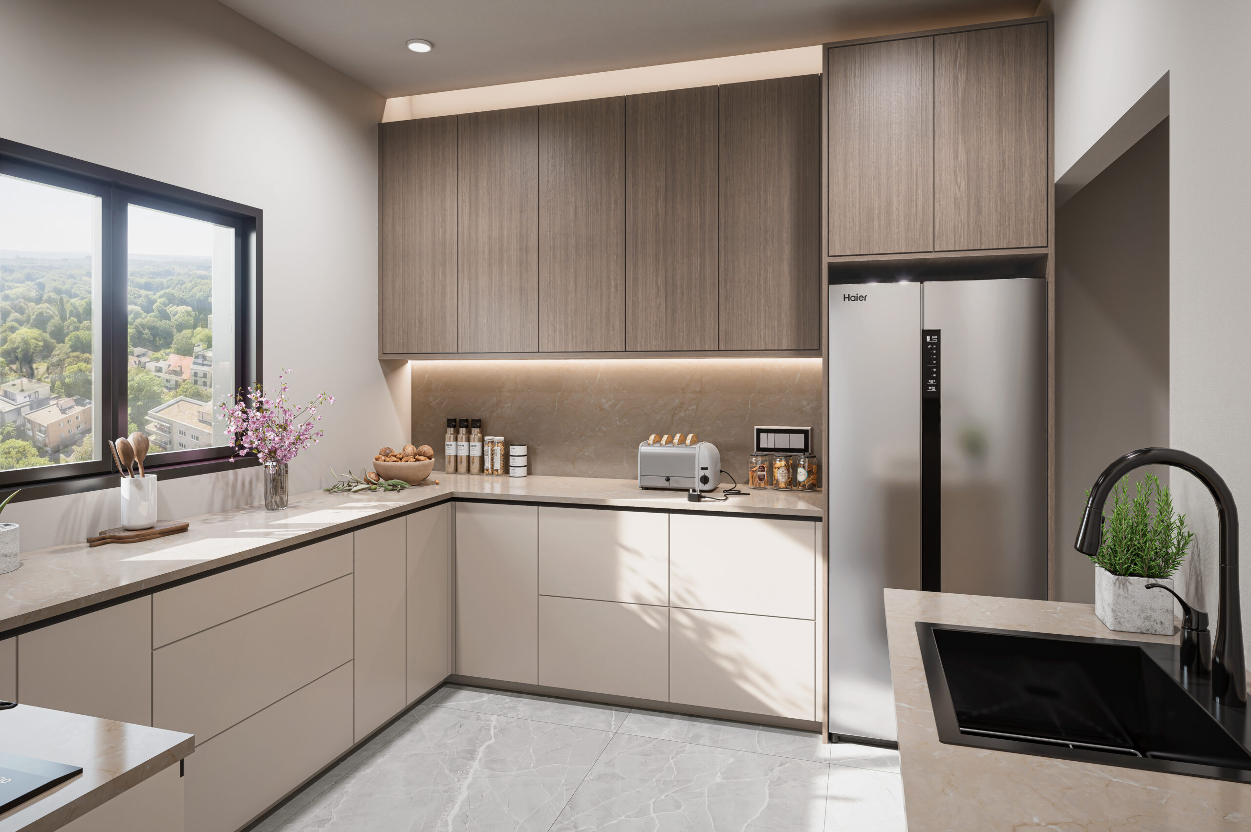 Modern neutral kitchen with wood cabinets