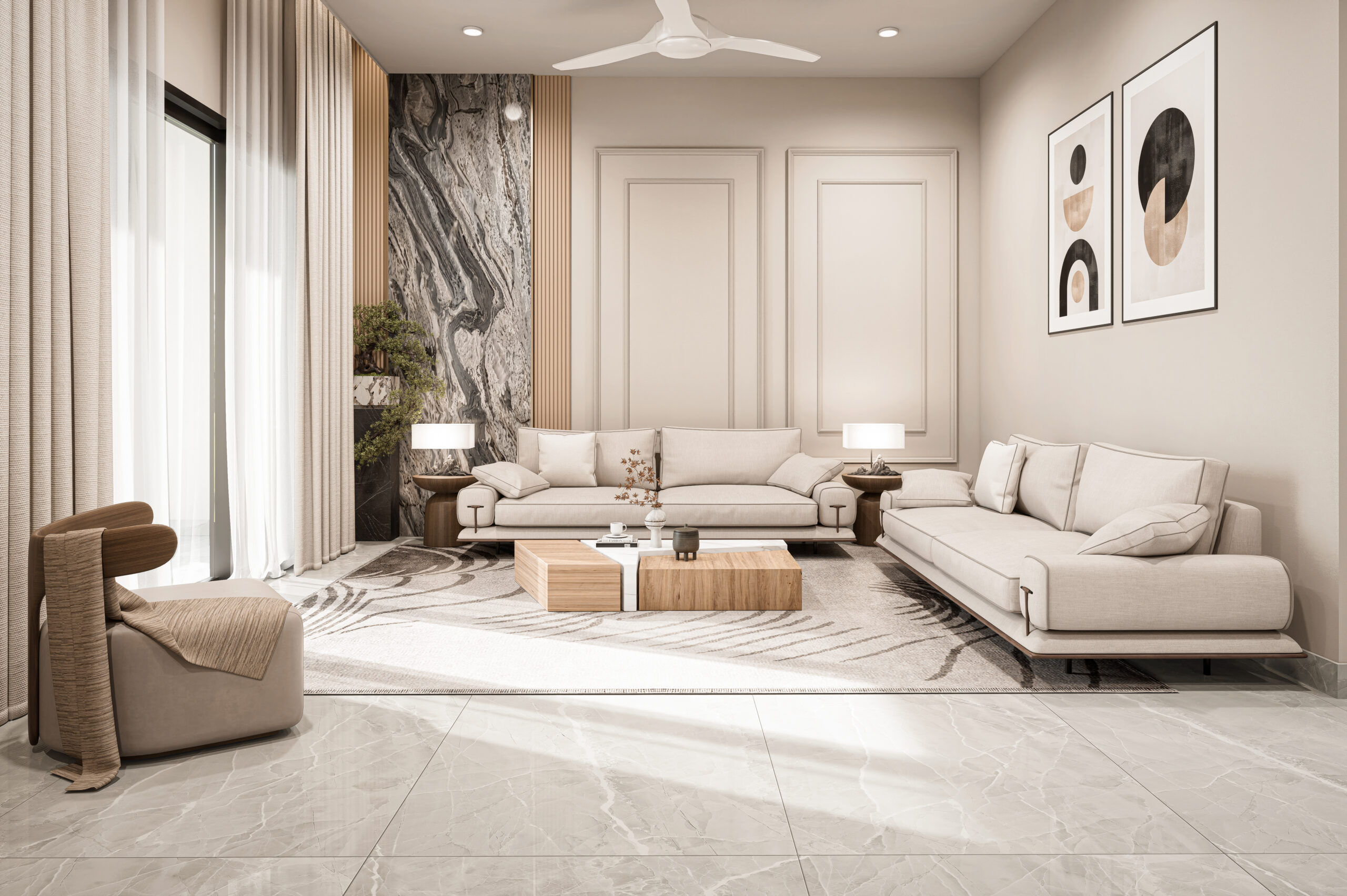 Modern 3D living room interior with elegant furniture and warm neutral tones.