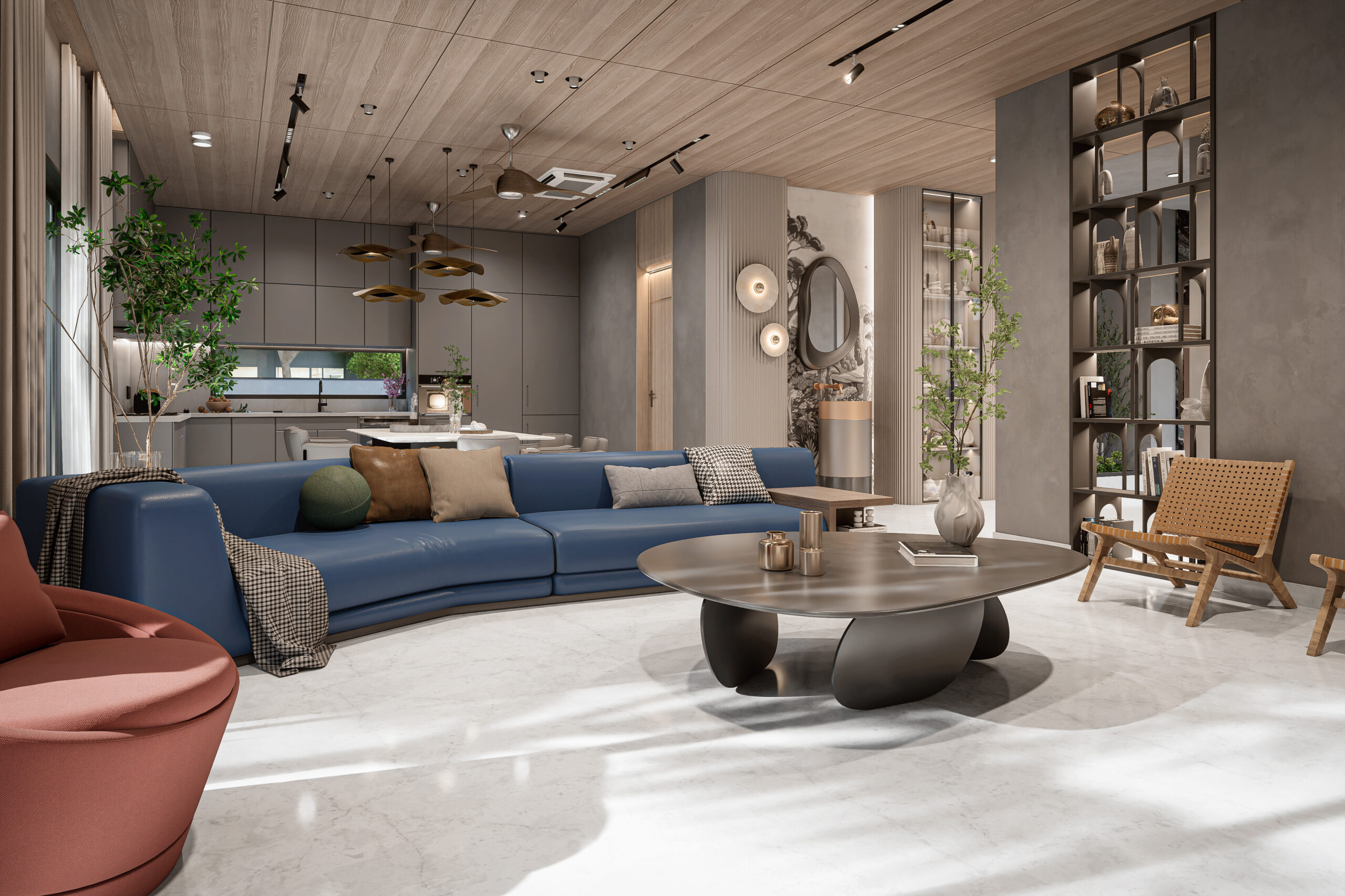 Contemporary living room with large windows, neutral furniture, and indoor plants.