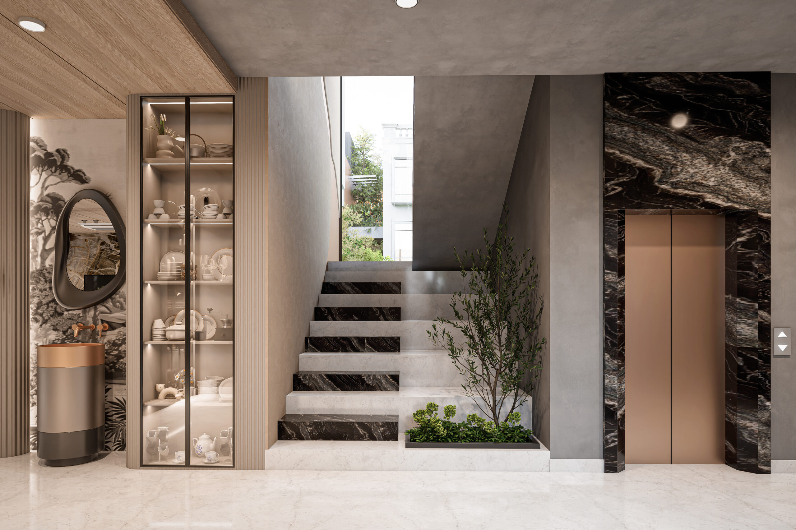 Modern staircase with marble steps, indoor greenery, display cabinet, and marble-framed elevator.