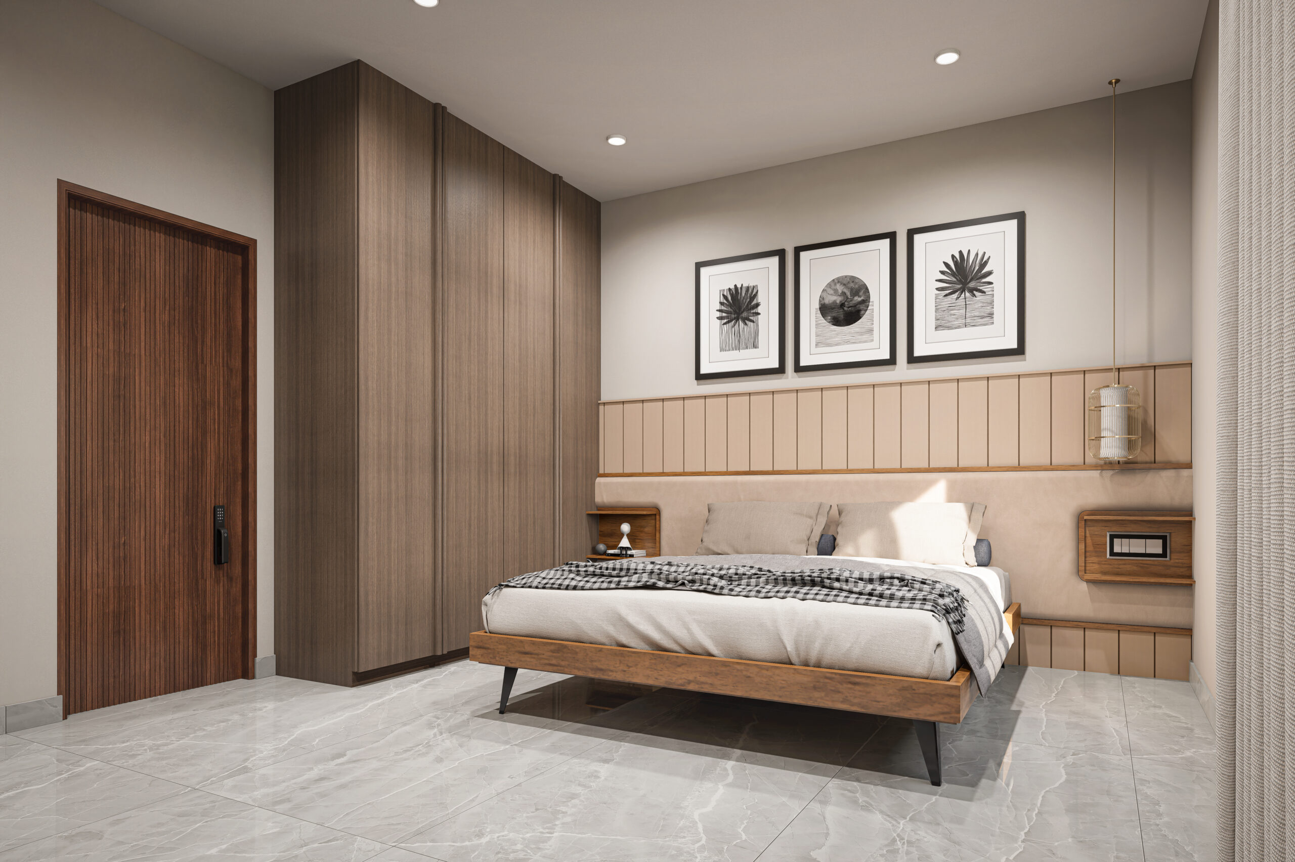 Elegant bedroom with wood paneling and a modern bed.