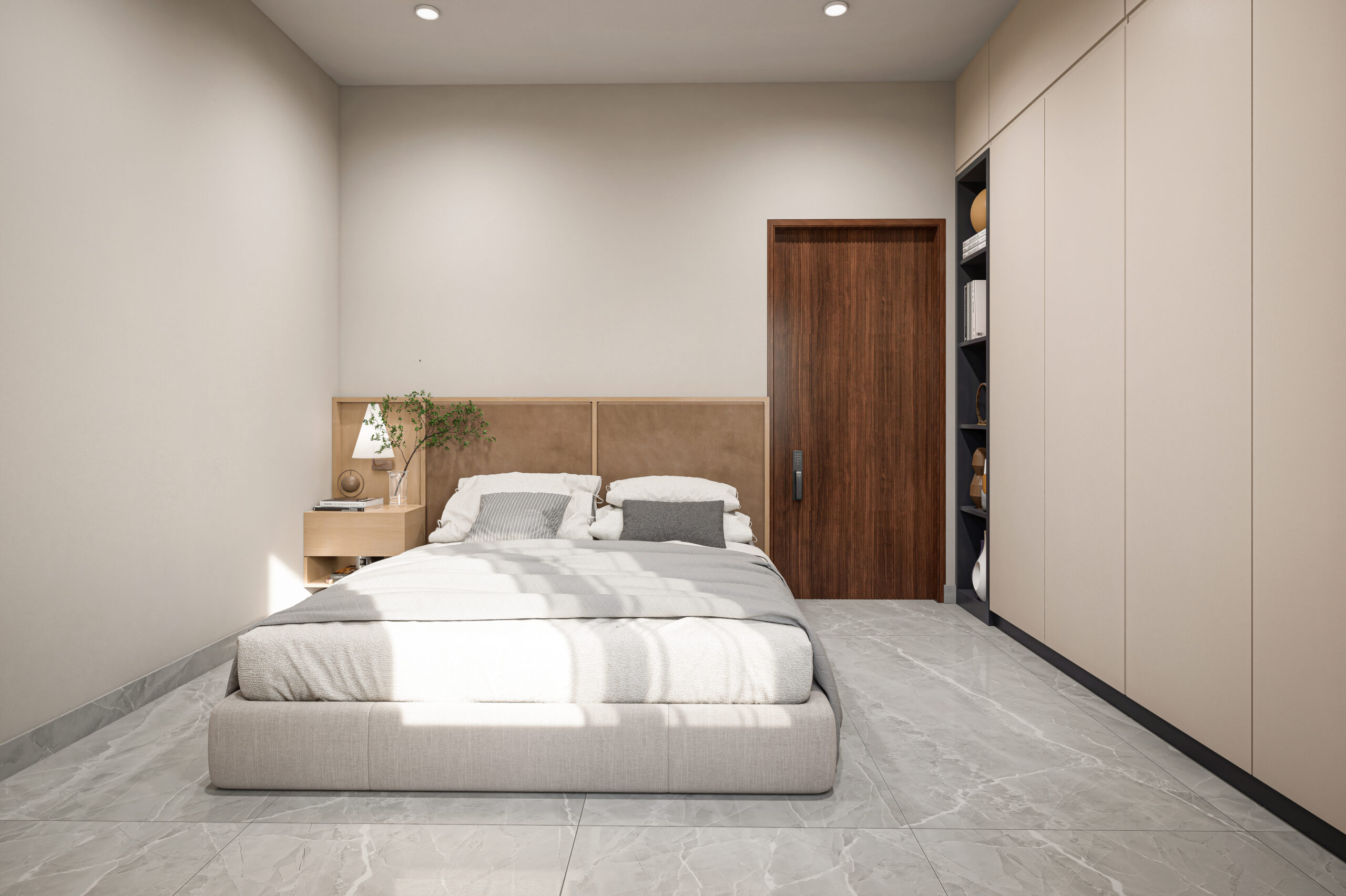 Contemporary bedroom with wooden furniture and marble floor.