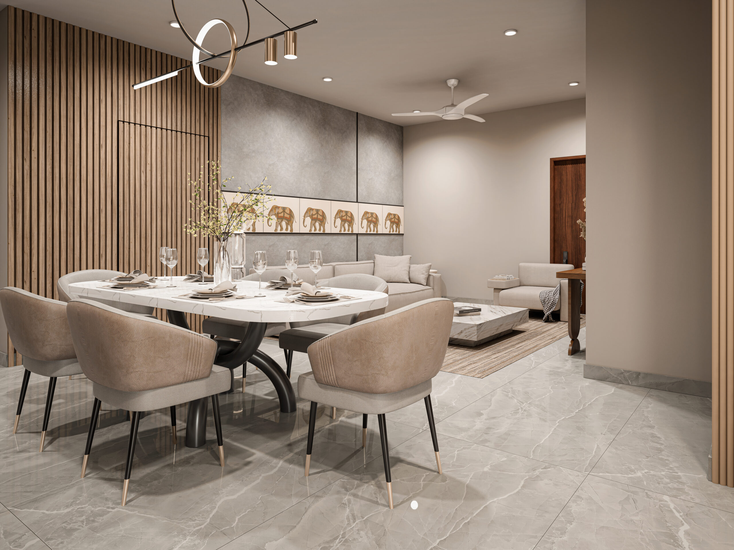 Modern dining and living room with marble table, upholstered chairs, and wood wall panels.