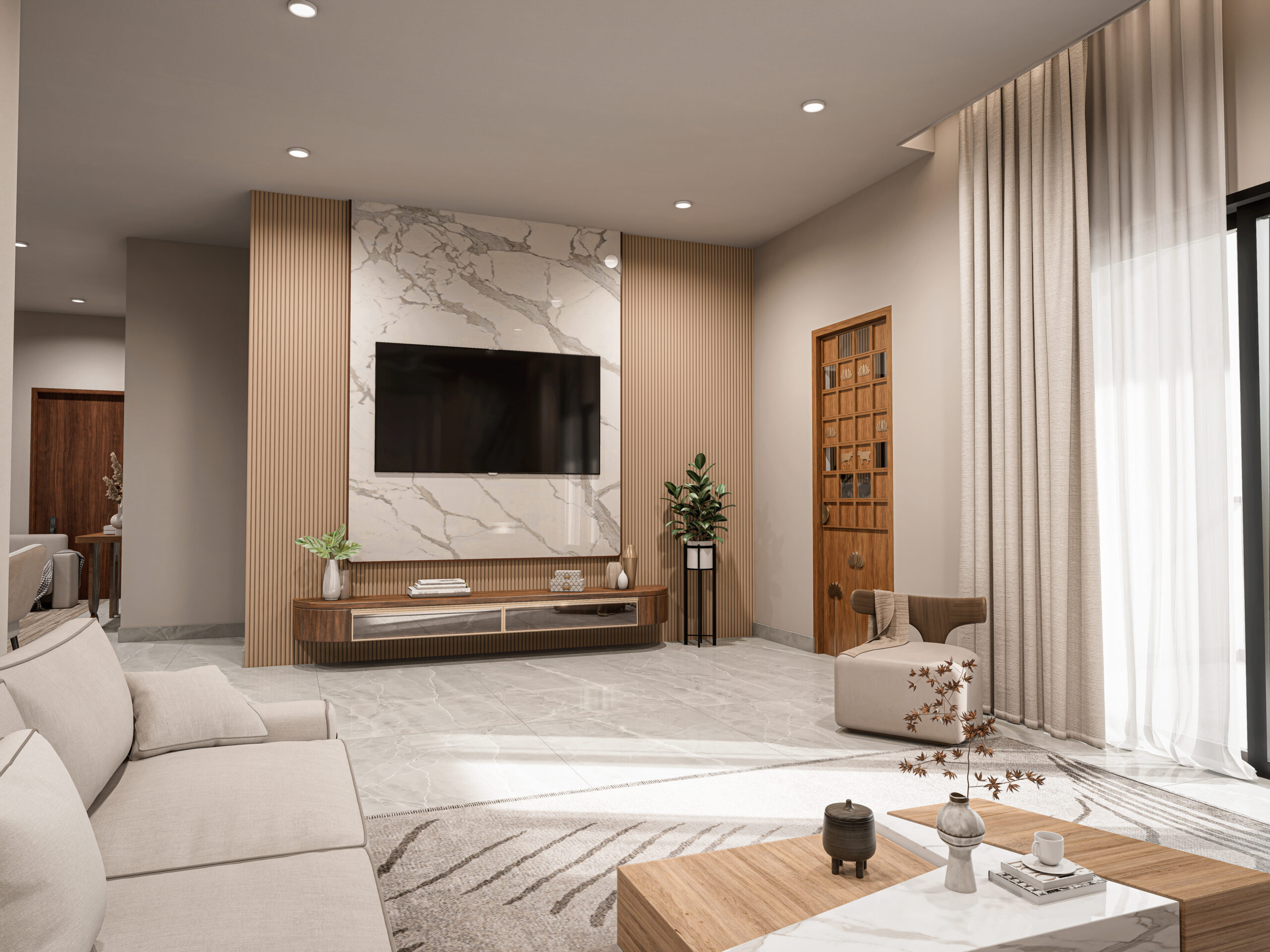 Modern living room with TV wall and marble panel
