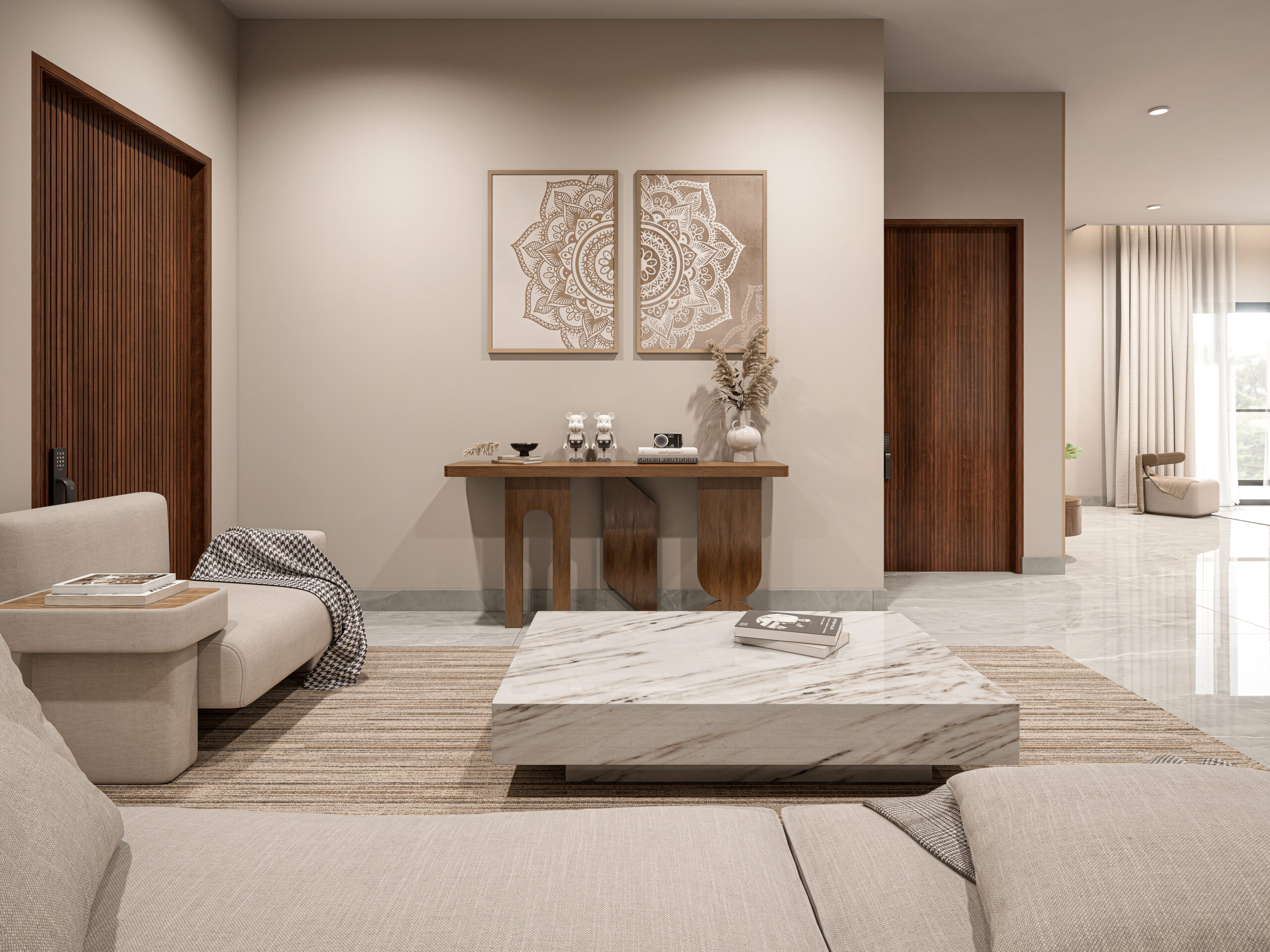 Minimal living room with marble coffee table