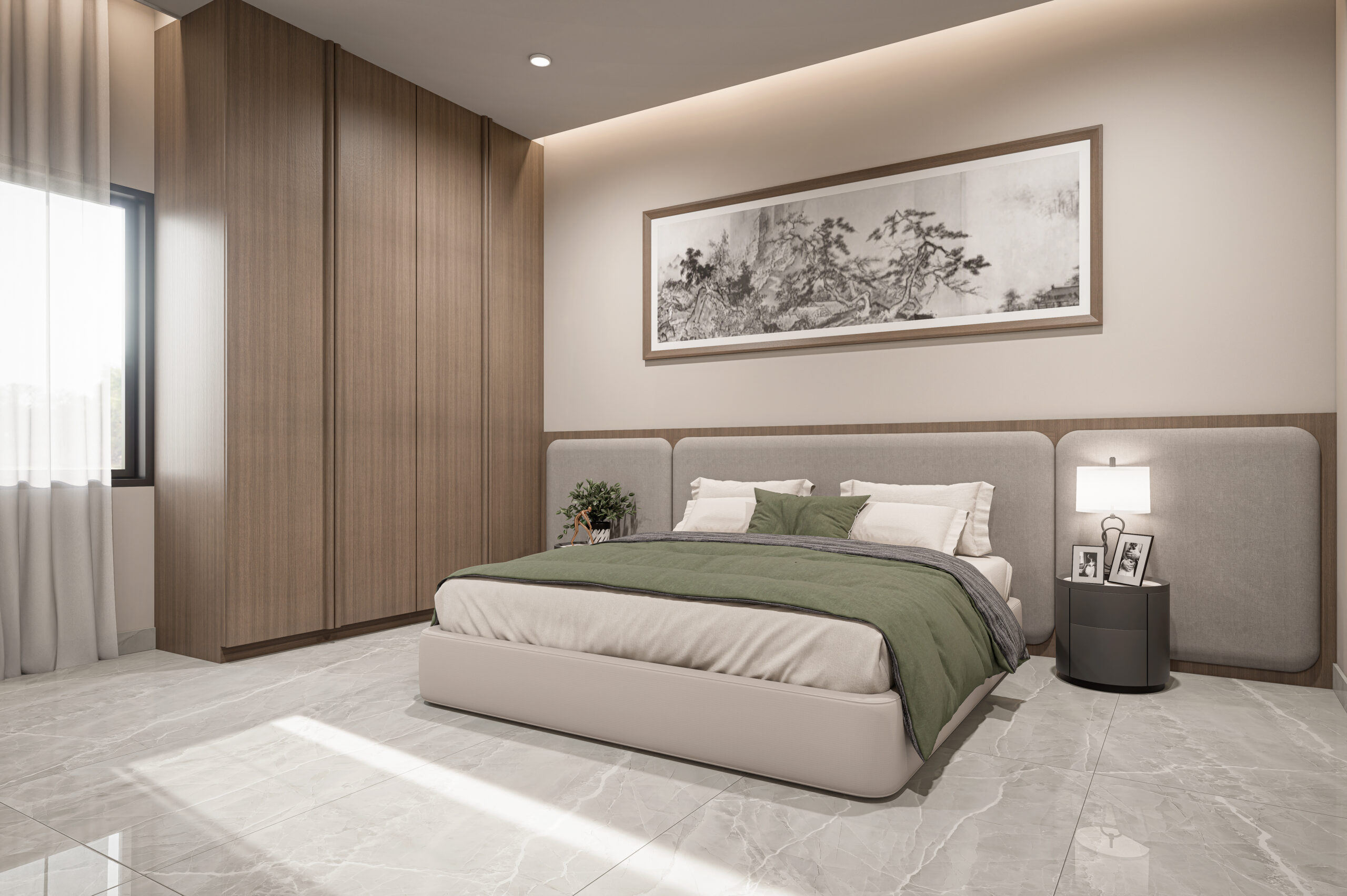 Modern bedroom with wooden wardrobe and upholstered bed.